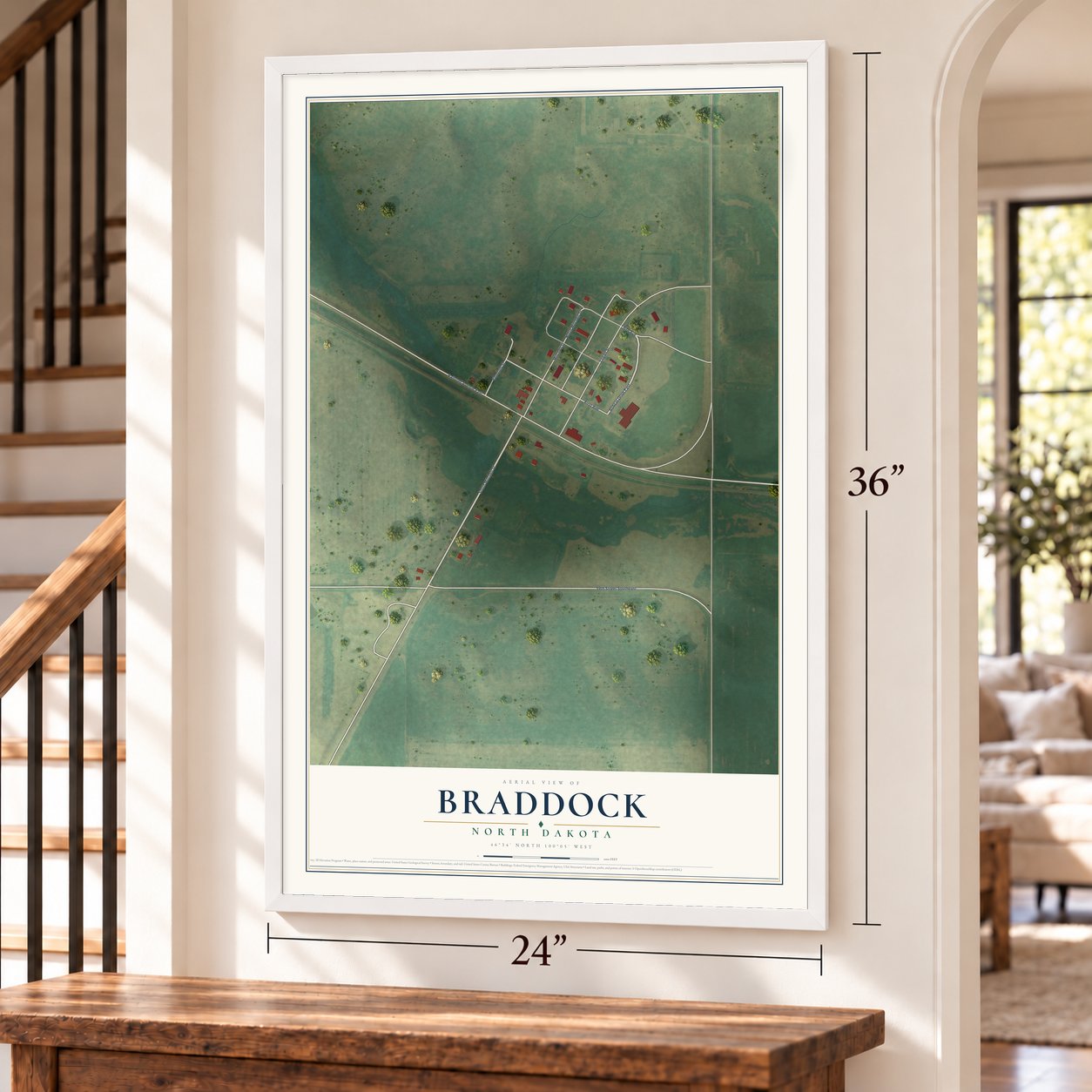 Braddock, North Dakota map, 24 x 36 inch print in a white frame by a staircase