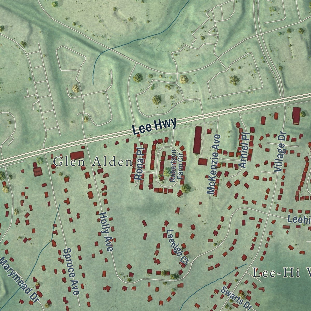 Second close-up of the map of Braddock, Virginia print showing more streets and buildings