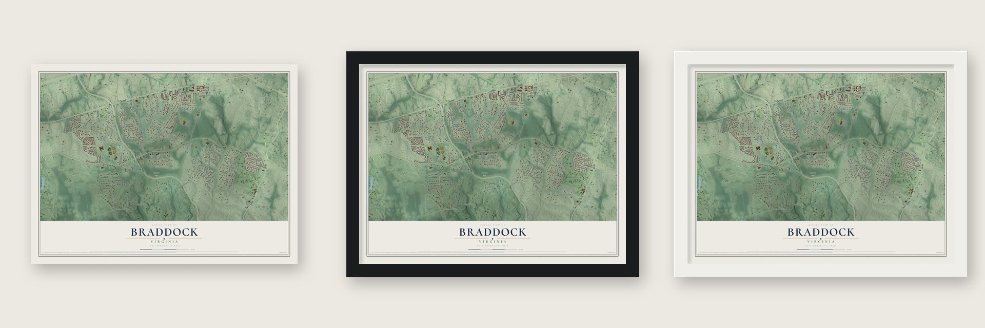 Braddock, Virginia map unframed, in a black wood frame and in a white wood frame