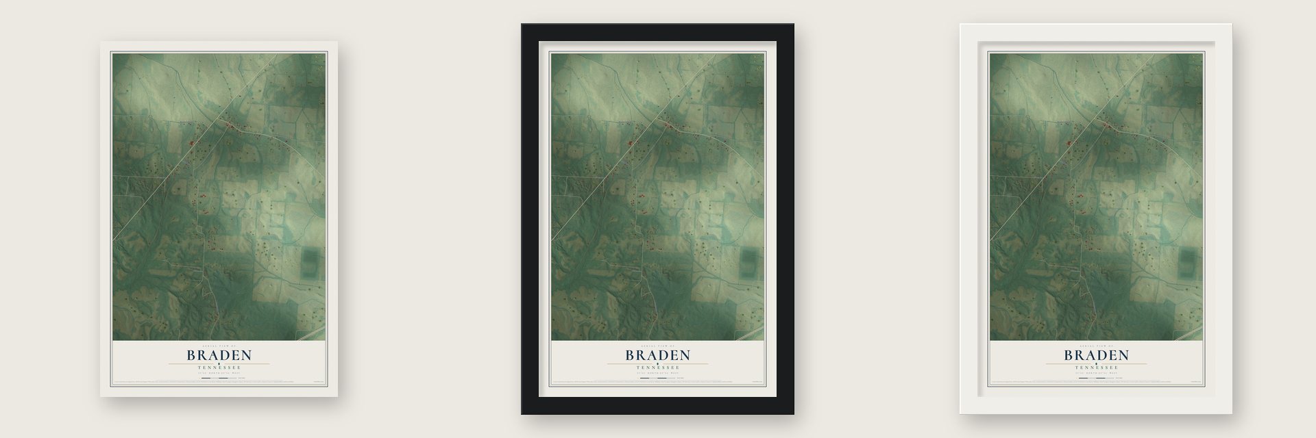 Braden, Tennessee map unframed, in a black wood frame and in a white wood frame