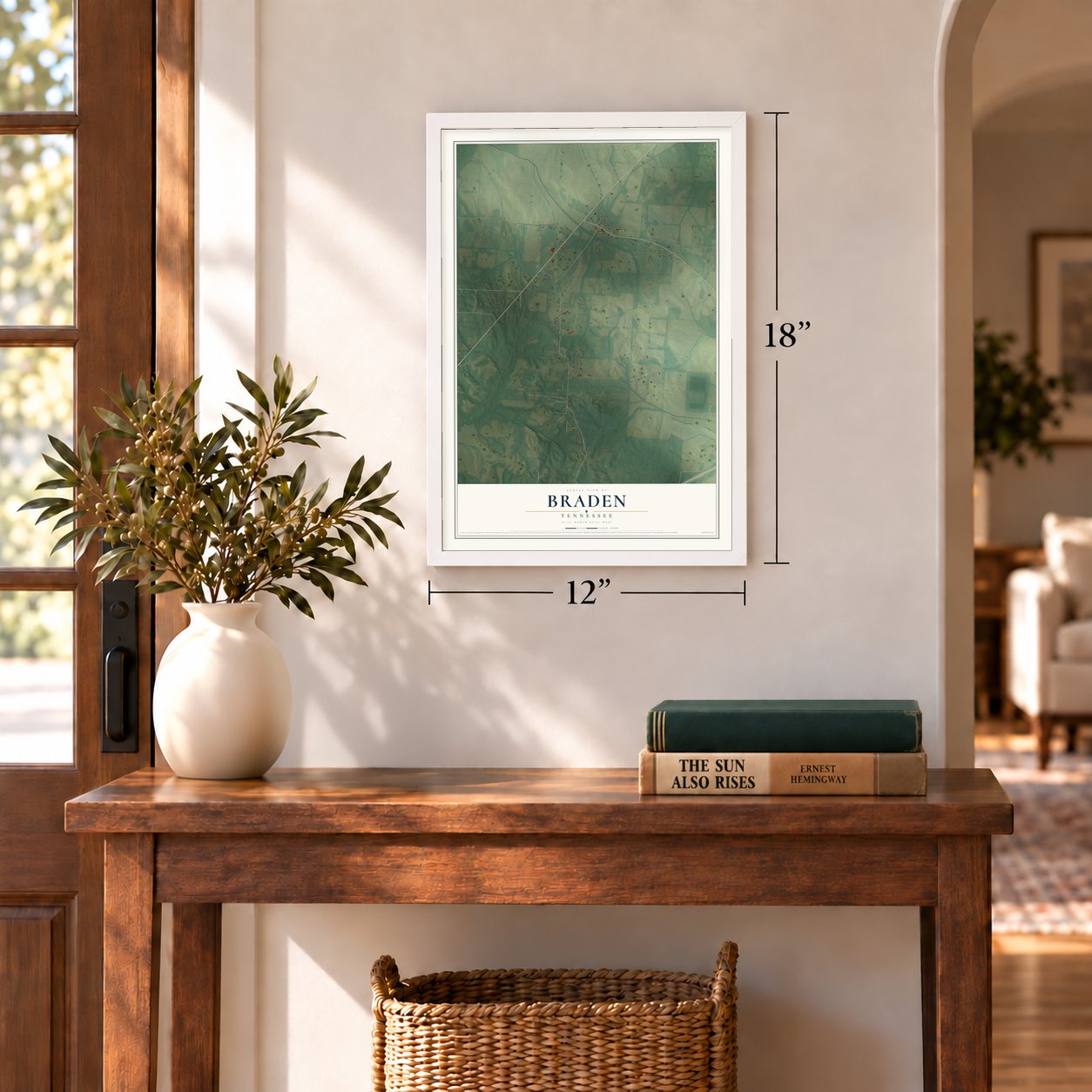 Braden, Tennessee map, 12 x 18 inch print in a white frame in an entryway