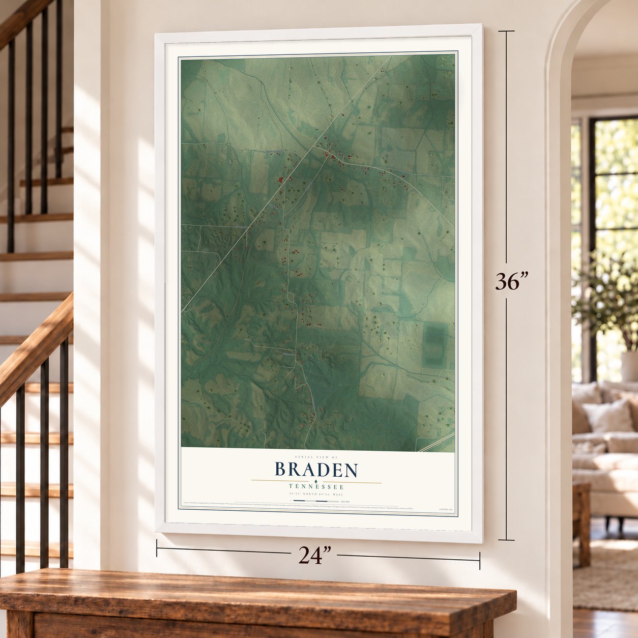 Braden, Tennessee map, 24 x 36 inch print in a white frame by a staircase