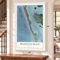 Bradenton Beach, Florida map, 24 x 36 inch print in a white frame by a staircase