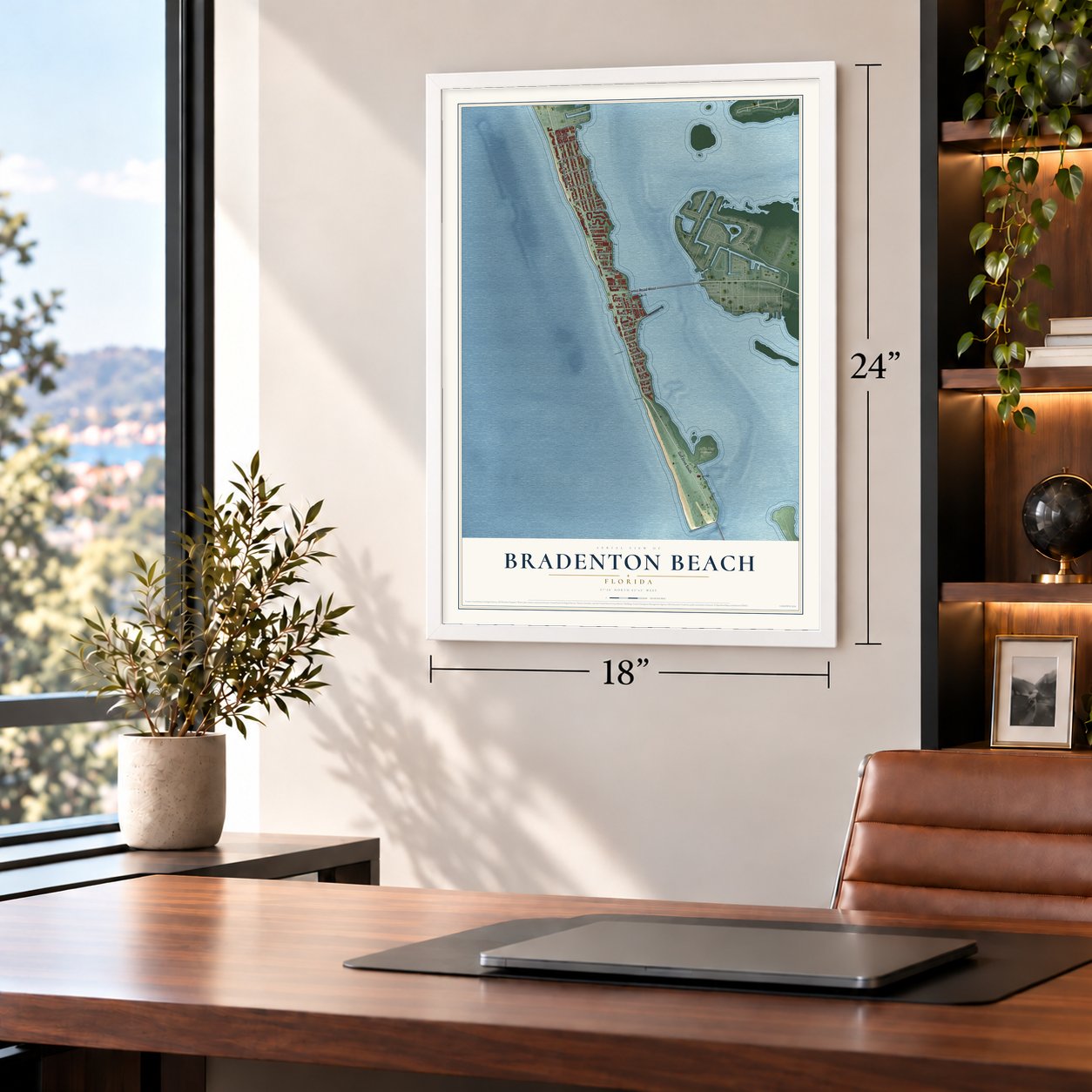 Bradenton Beach, Florida map, 18 x 24 inch print in a white frame in a home office