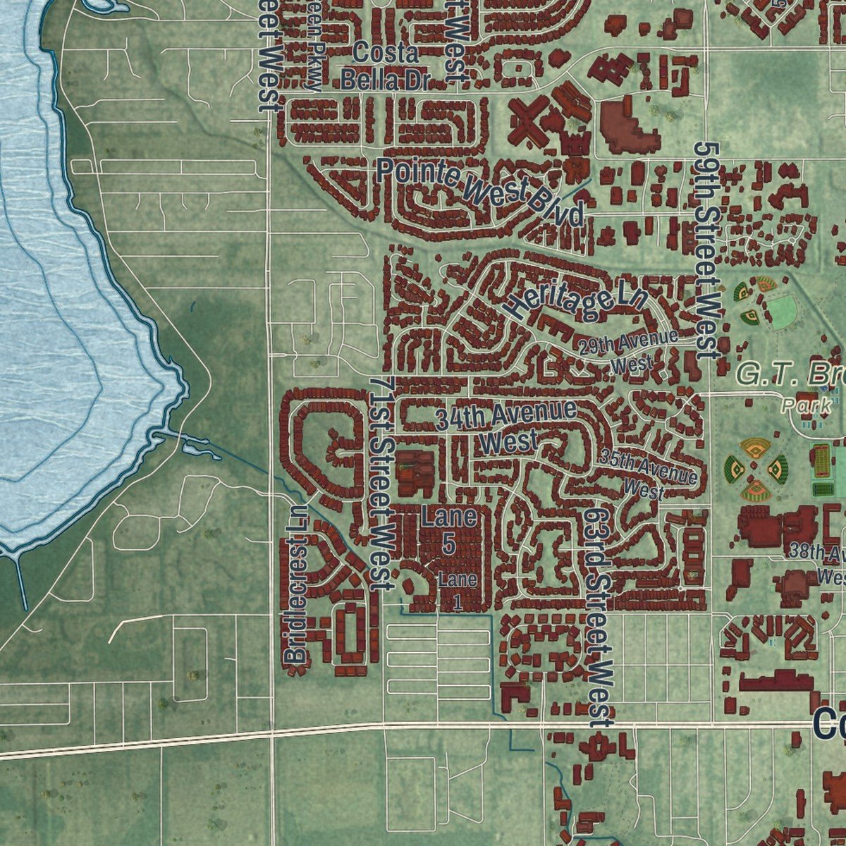 Second close-up of the map of Bradenton, Florida print showing more streets and buildings