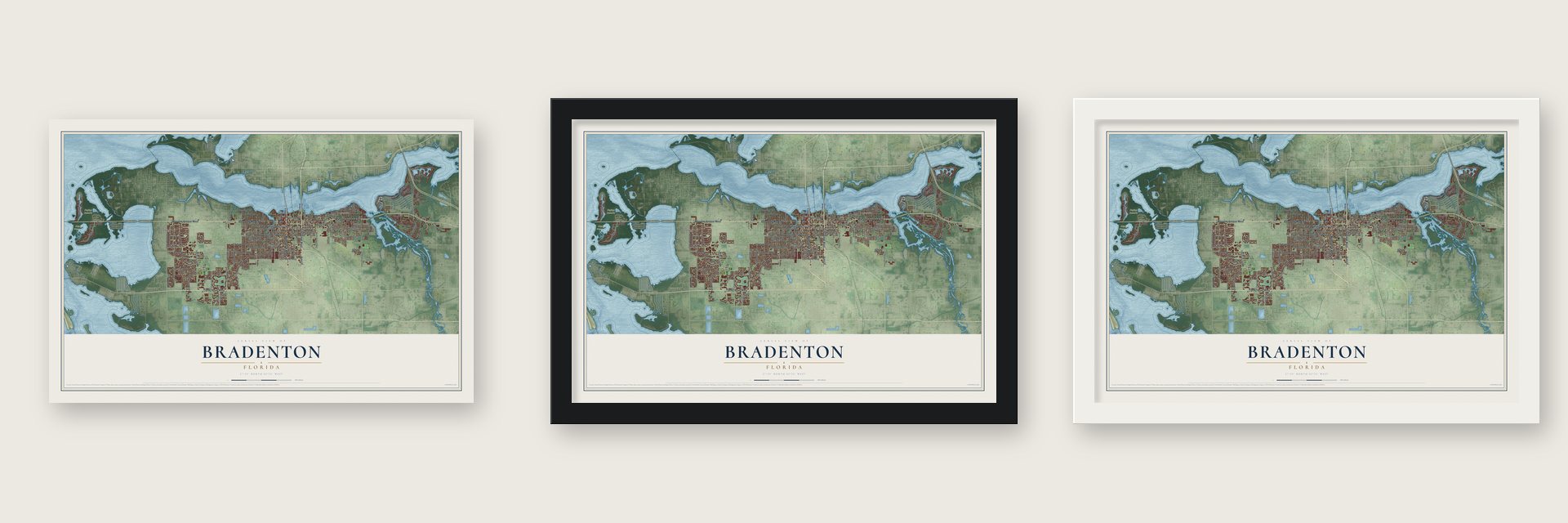 Bradenton, Florida map unframed, in a black wood frame and in a white wood frame