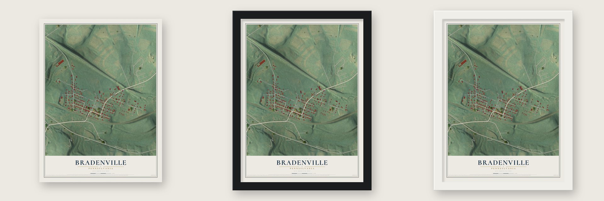 Bradenville, Pennsylvania map unframed, in a black wood frame and in a white wood frame
