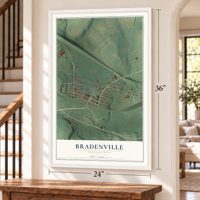 Bradenville, Pennsylvania map, 24 x 36 inch print in a white frame by a staircase