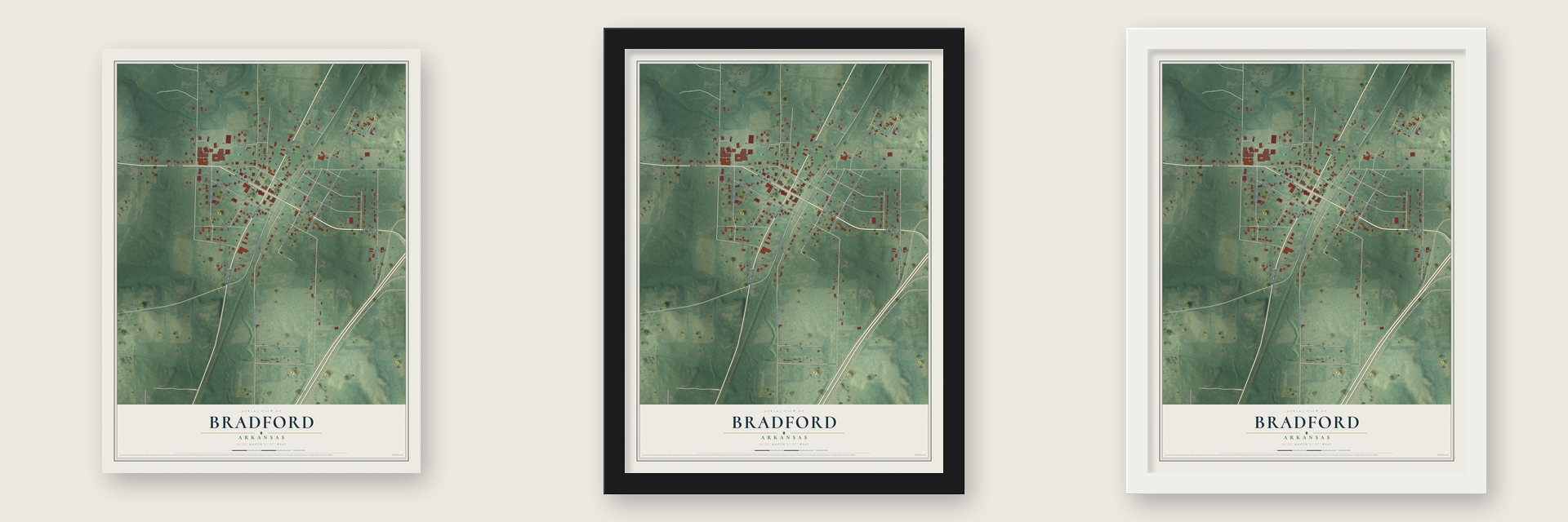 Bradford, Arkansas map unframed, in a black wood frame and in a white wood frame