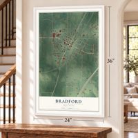 Bradford, Arkansas map, 24 x 36 inch print in a white frame by a staircase