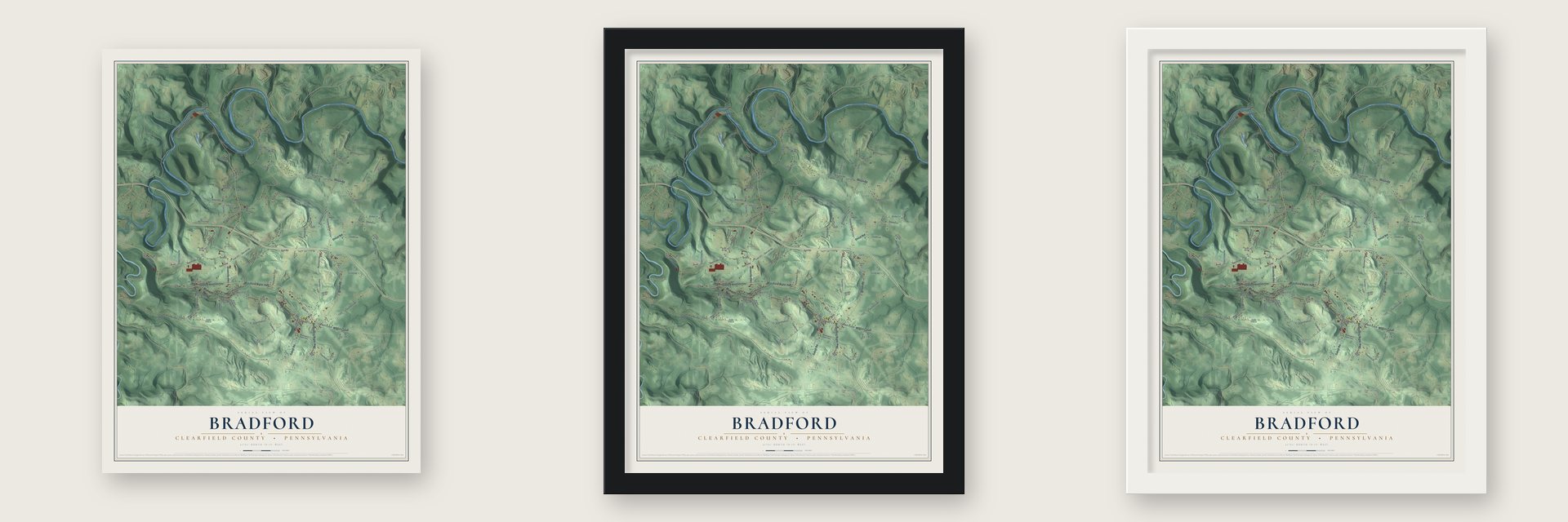Bradford, Clearfield County, Pennsylvania map unframed, in a black wood frame and in a white wood frame
