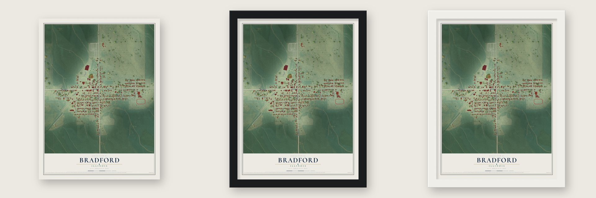Bradford, Illinois map unframed, in a black wood frame and in a white wood frame