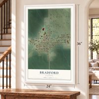 Bradford, Illinois map, 24 x 36 inch print in a white frame by a staircase