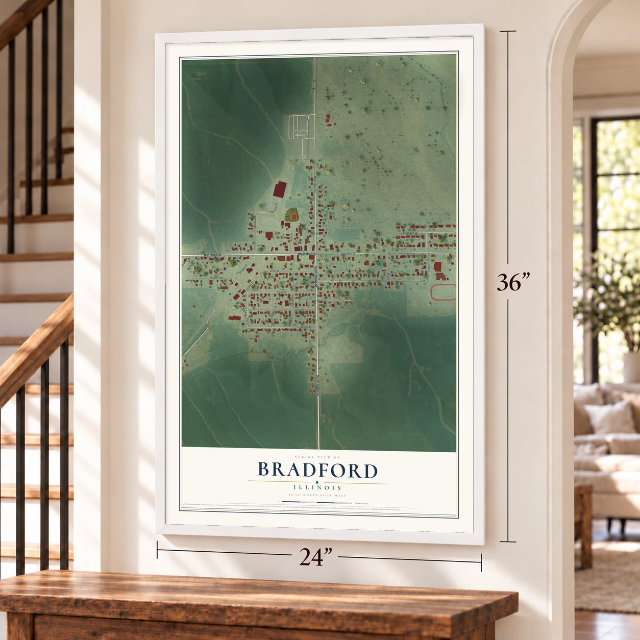Bradford, Illinois map, 24 x 36 inch print in a white frame by a staircase
