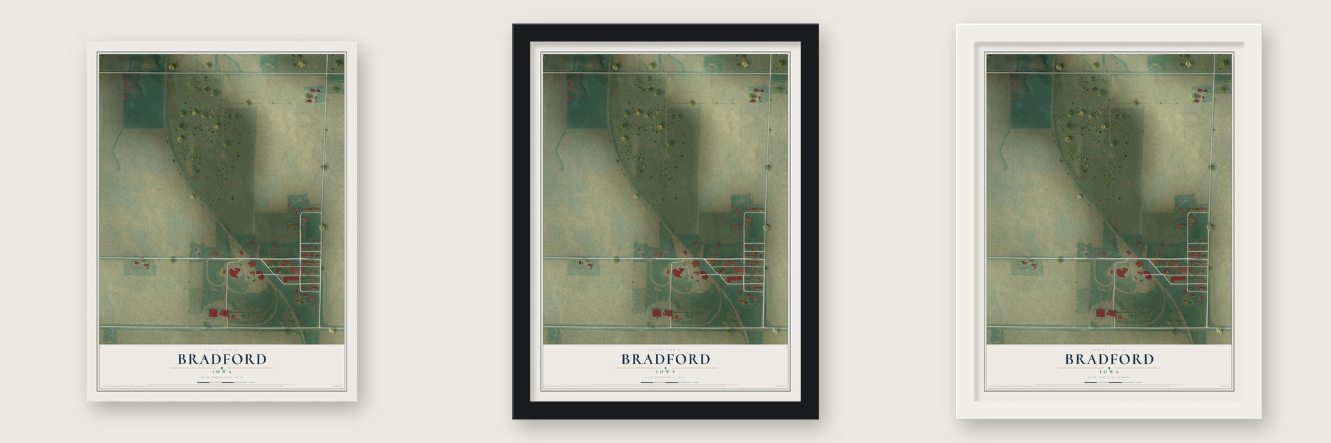 Bradford, Iowa map unframed, in a black wood frame and in a white wood frame
