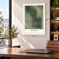 Bradford, Iowa map, 18 x 24 inch print in a white frame in a home office