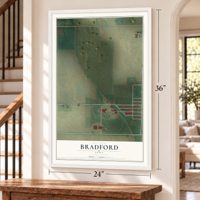 Bradford, Iowa map, 24 x 36 inch print in a white frame by a staircase