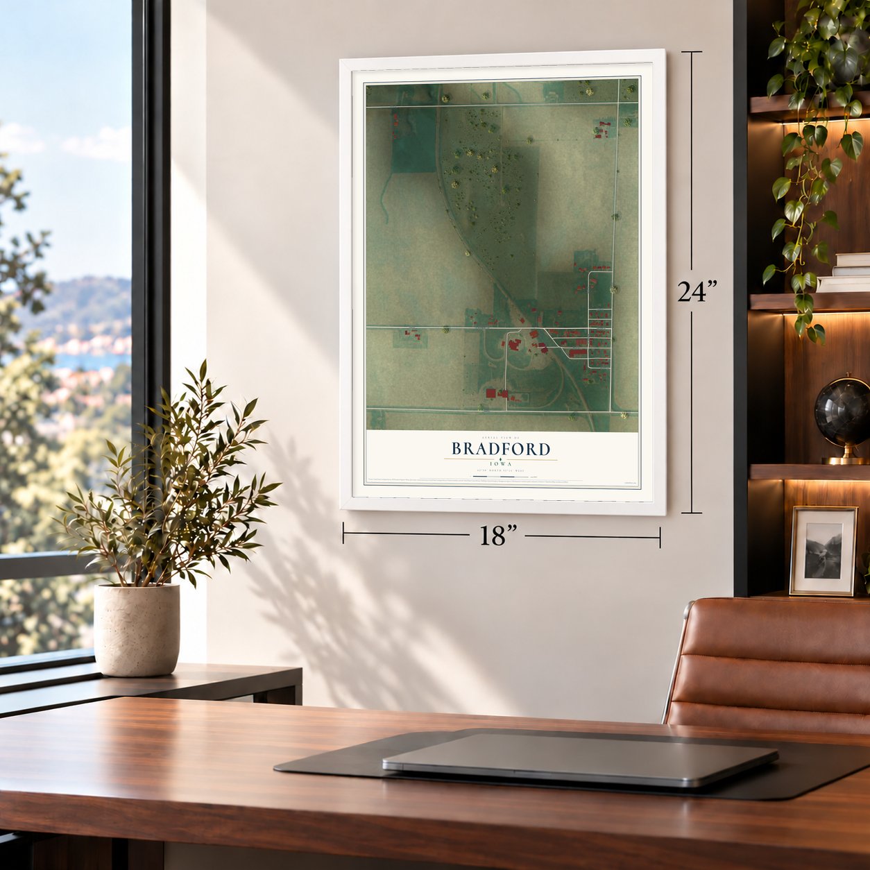Bradford, Iowa map, 18 x 24 inch print in a white frame in a home office