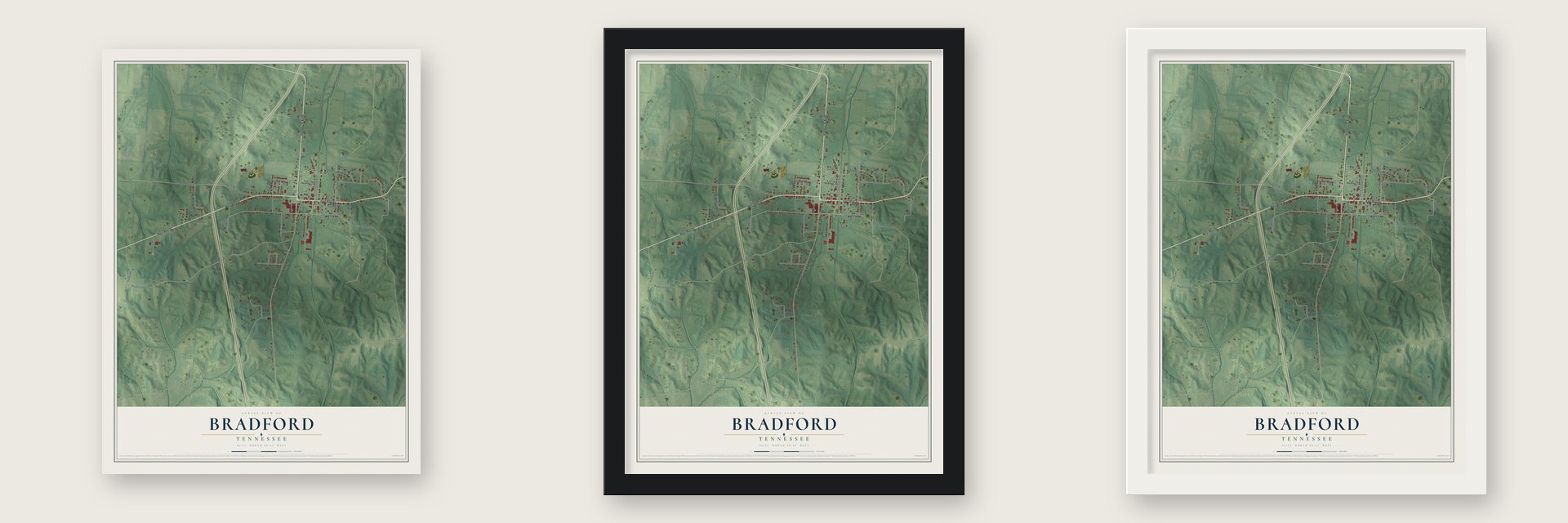 Bradford, Tennessee map unframed, in a black wood frame and in a white wood frame