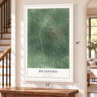 Bradford, Tennessee map, 24 x 36 inch print in a white frame by a staircase