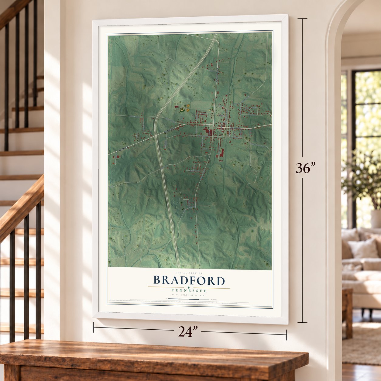 Bradford, Tennessee map, 24 x 36 inch print in a white frame by a staircase