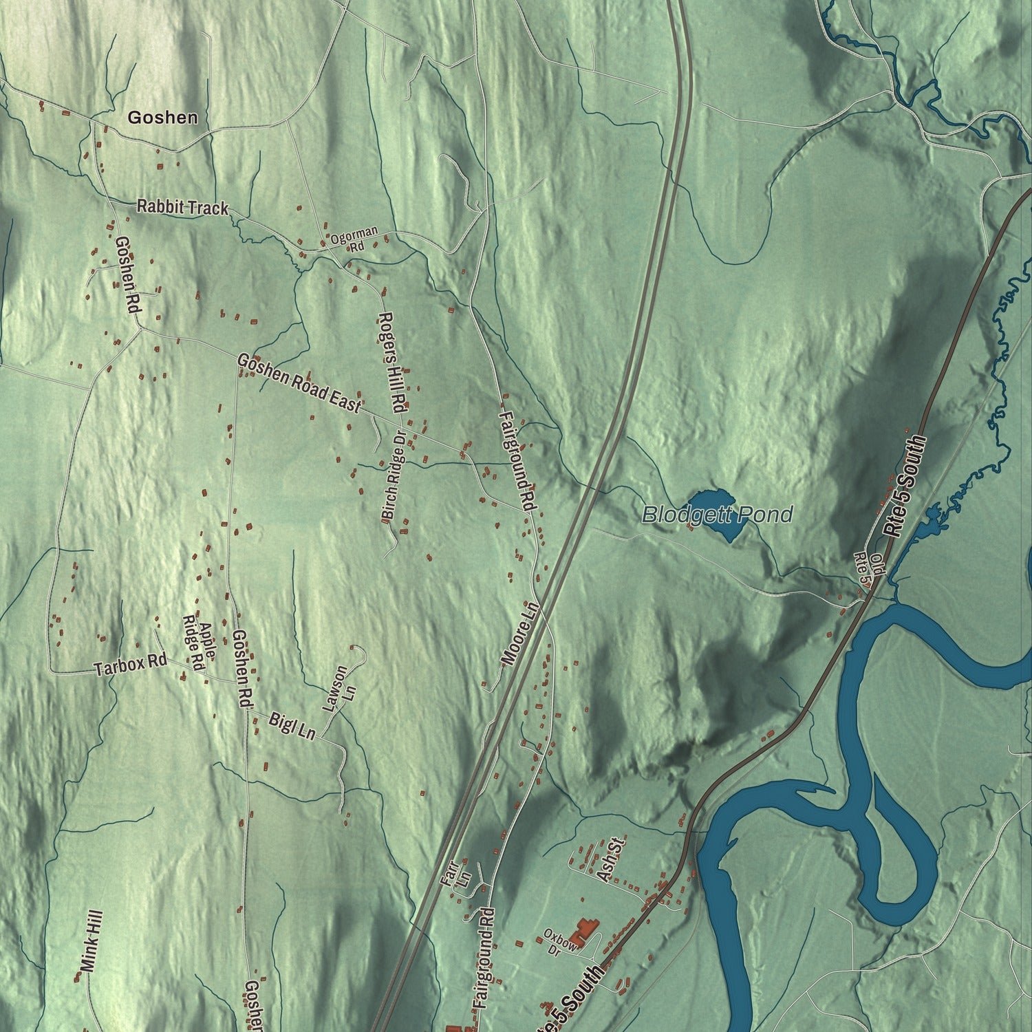 Close-up of the map of Bradford, Vermont print showing terrain and local geography