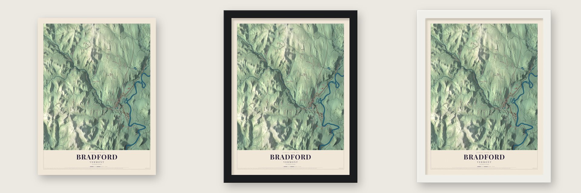 Bradford, Vermont map unframed, in a black wood frame and in a white wood frame