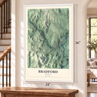 Bradford, Vermont map, 24 x 36 inch print in a white frame by a staircase