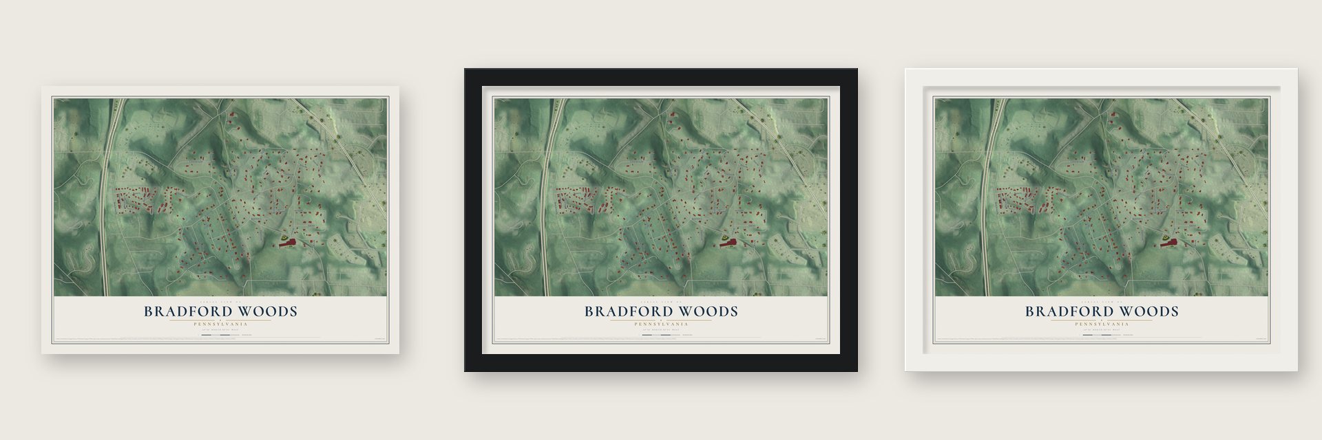 Bradford Woods, Pennsylvania map unframed, in a black wood frame and in a white wood frame