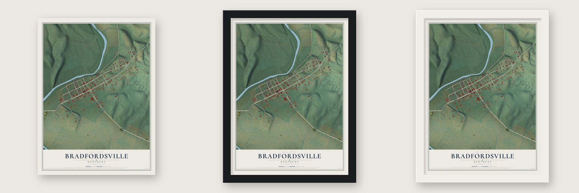 Bradfordsville, Kentucky map unframed, in a black wood frame and in a white wood frame