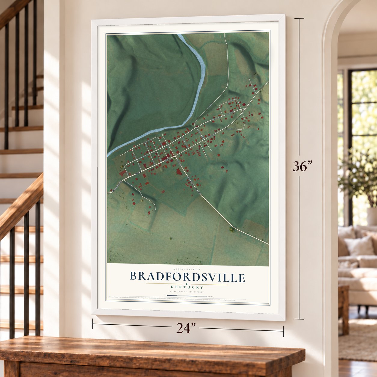 Bradfordsville, Kentucky map, 24 x 36 inch print in a white frame by a staircase