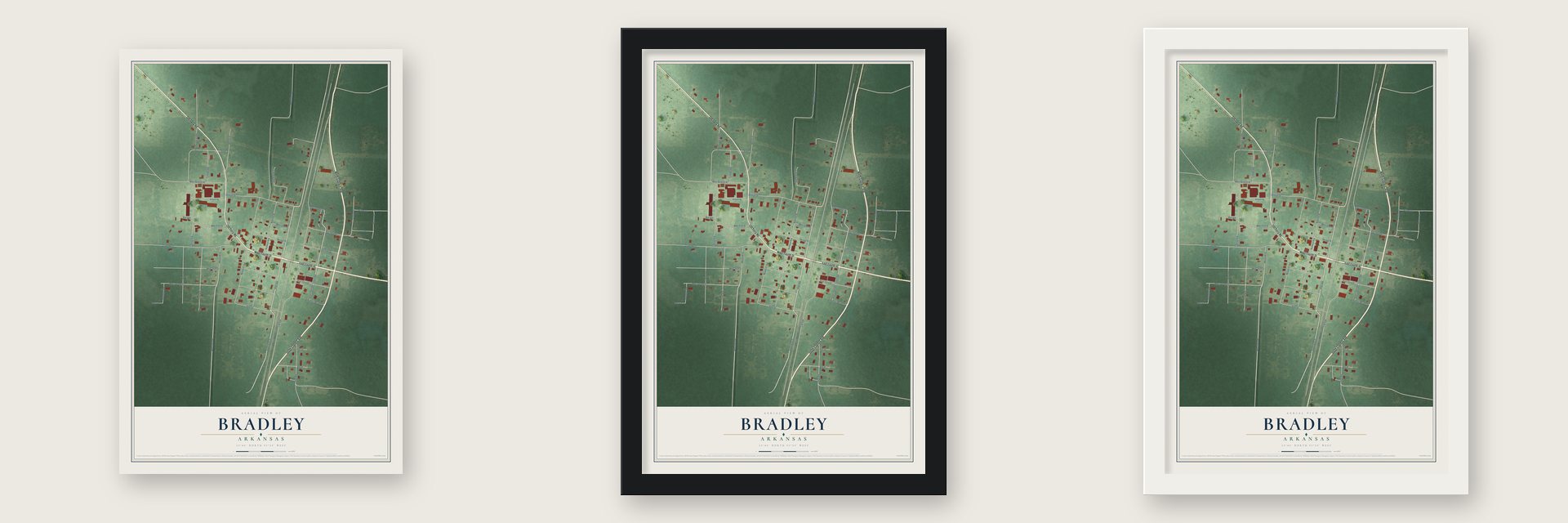Bradley, Arkansas map unframed, in a black wood frame and in a white wood frame