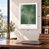 Bradley, Arkansas map, 18 x 24 inch print in a white frame in a home office