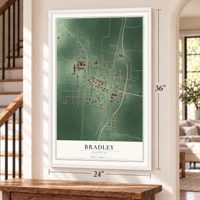 Bradley, Arkansas map, 24 x 36 inch print in a white frame by a staircase