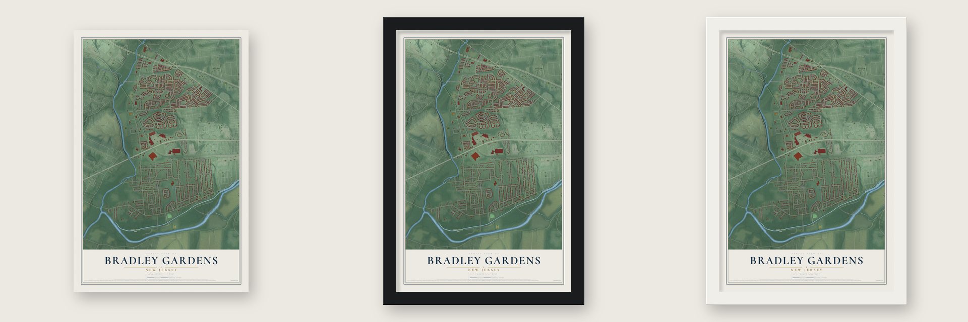 Bradley Gardens, New Jersey map unframed, in a black wood frame and in a white wood frame