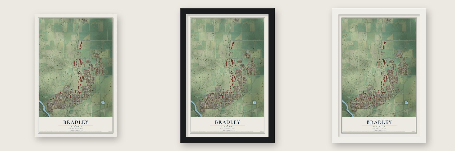 Bradley, Illinois map unframed, in a black wood frame and in a white wood frame