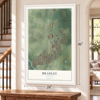 Bradley, Illinois map, 24 x 36 inch print in a white frame by a staircase