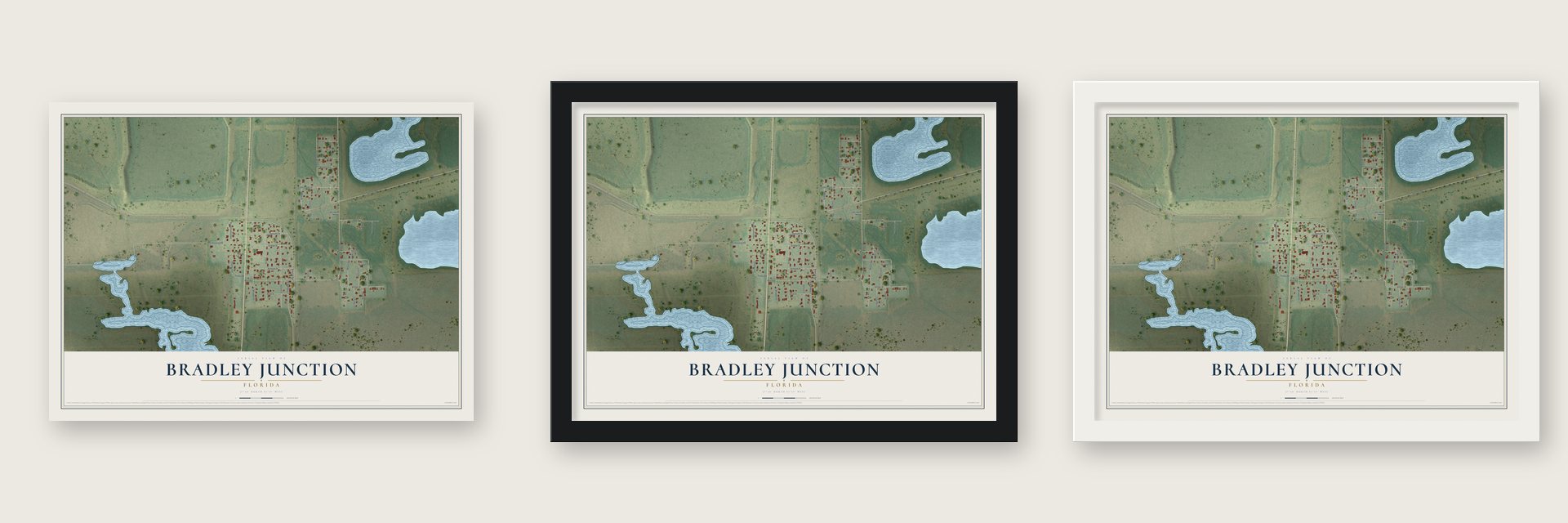 Bradley Junction, Florida map unframed, in a black wood frame and in a white wood frame