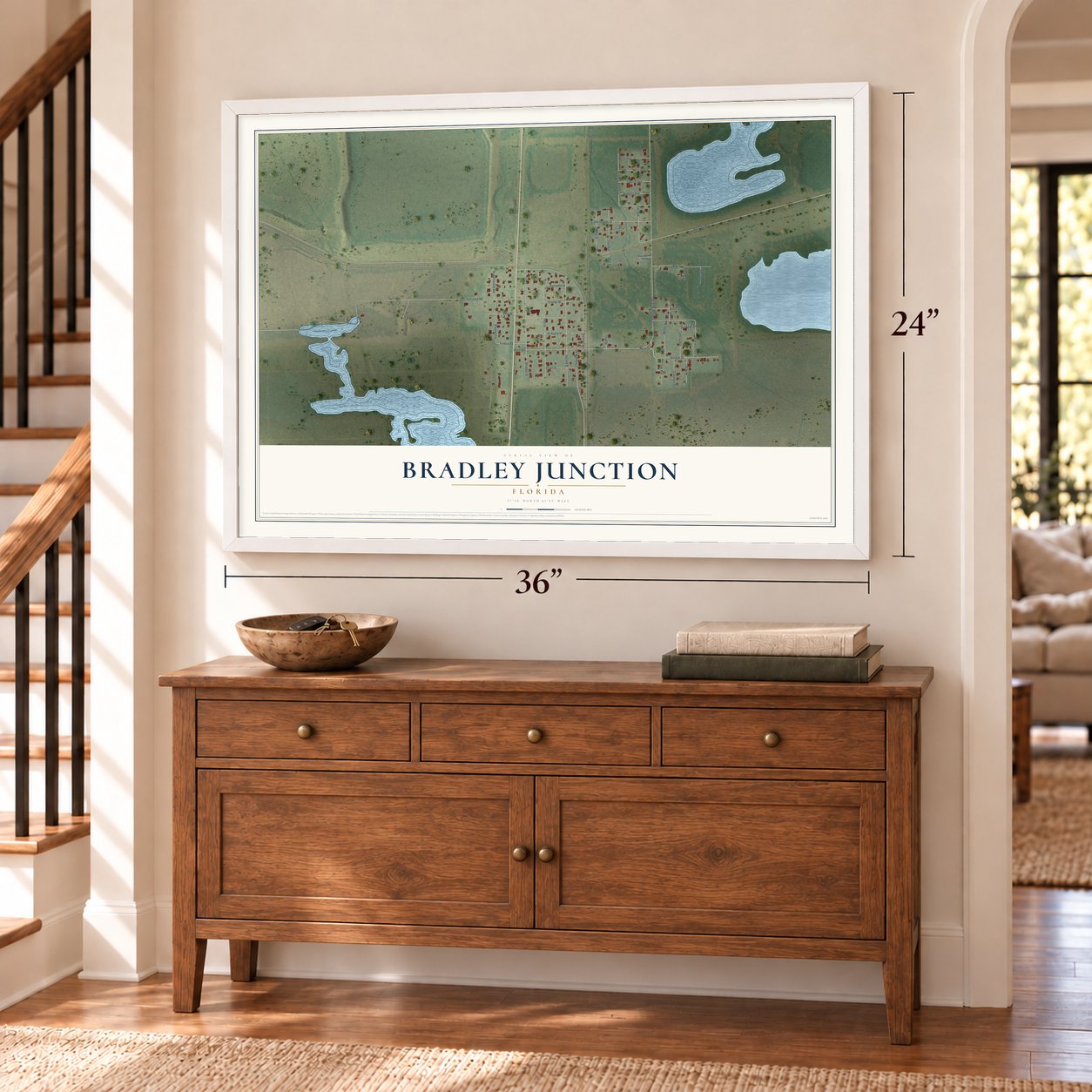 Bradley Junction, Florida map, 24 x 36 inch print in a white frame above a dresser by a staircase