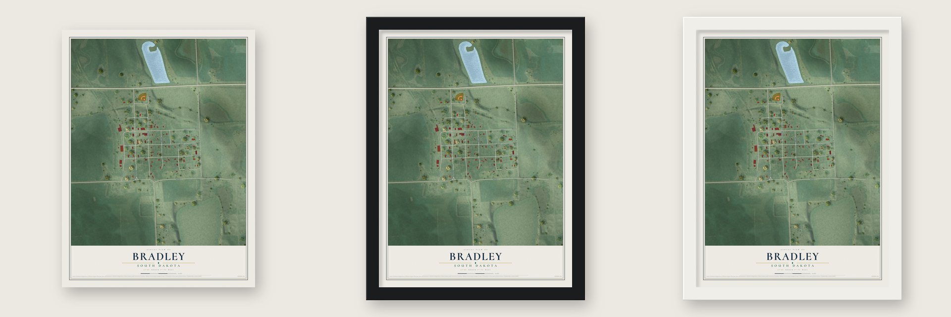 Bradley, South Dakota map unframed, in a black wood frame and in a white wood frame