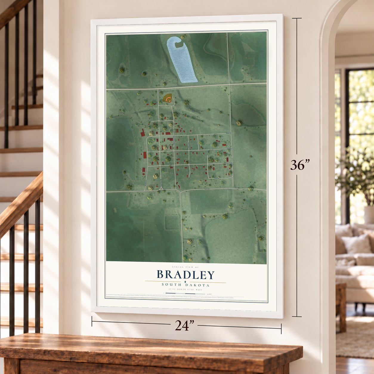Bradley, South Dakota map, 24 x 36 inch print in a white frame by a staircase