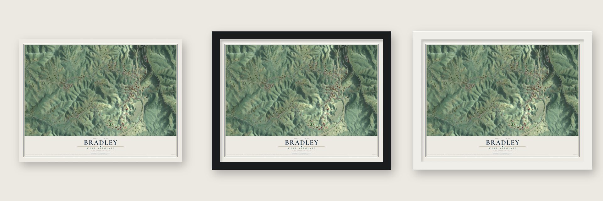 Bradley, West Virginia map unframed, in a black wood frame and in a white wood frame