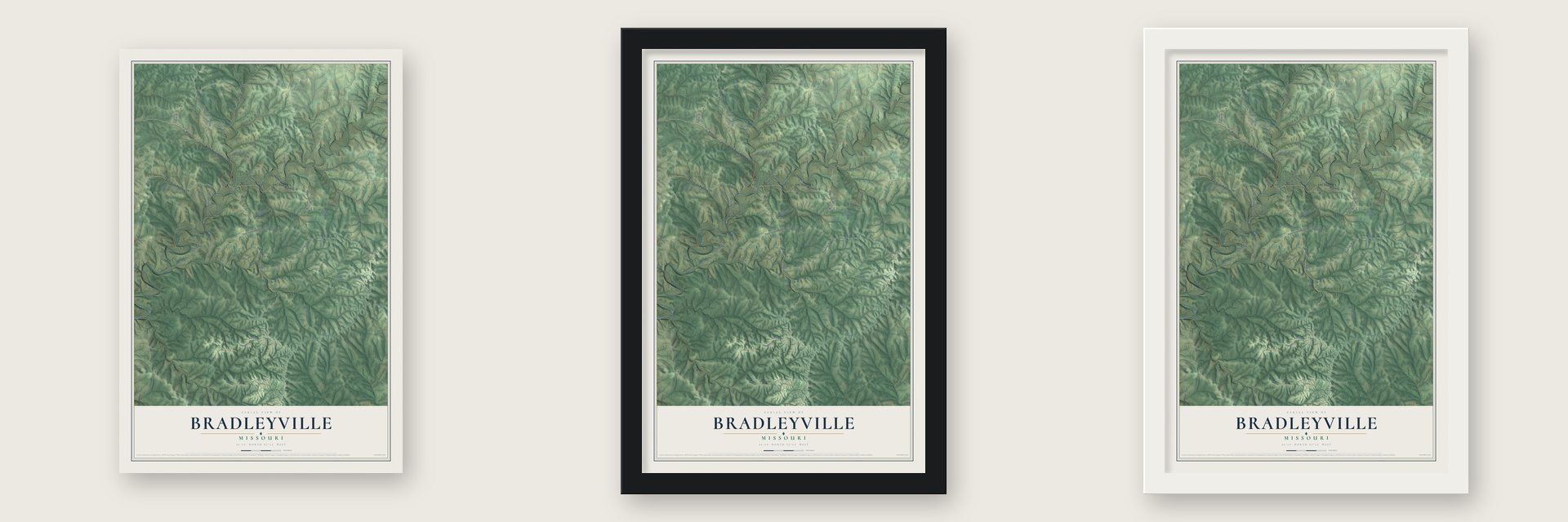 Bradleyville, Missouri map unframed, in a black wood frame and in a white wood frame