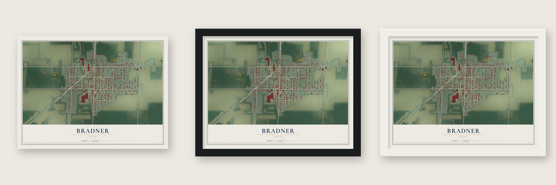 Bradner, Ohio map unframed, in a black wood frame and in a white wood frame
