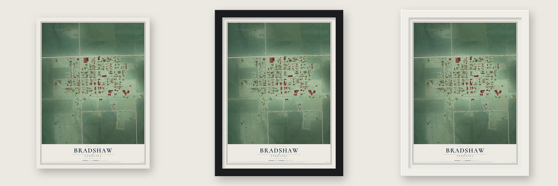 Bradshaw, Nebraska map unframed, in a black wood frame and in a white wood frame