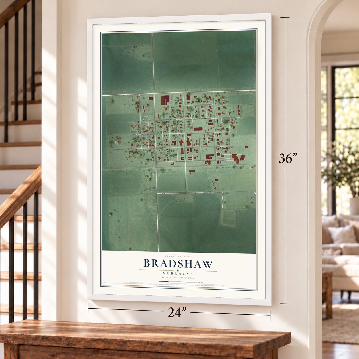 Bradshaw, Nebraska map, 24 x 36 inch print in a white frame by a staircase