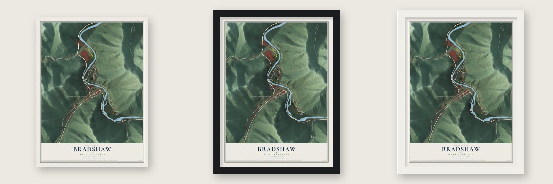 Bradshaw, West Virginia map unframed, in a black wood frame and in a white wood frame