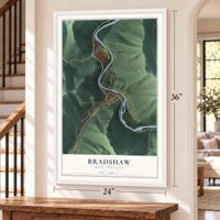 Bradshaw, West Virginia map, 24 x 36 inch print in a white frame by a staircase