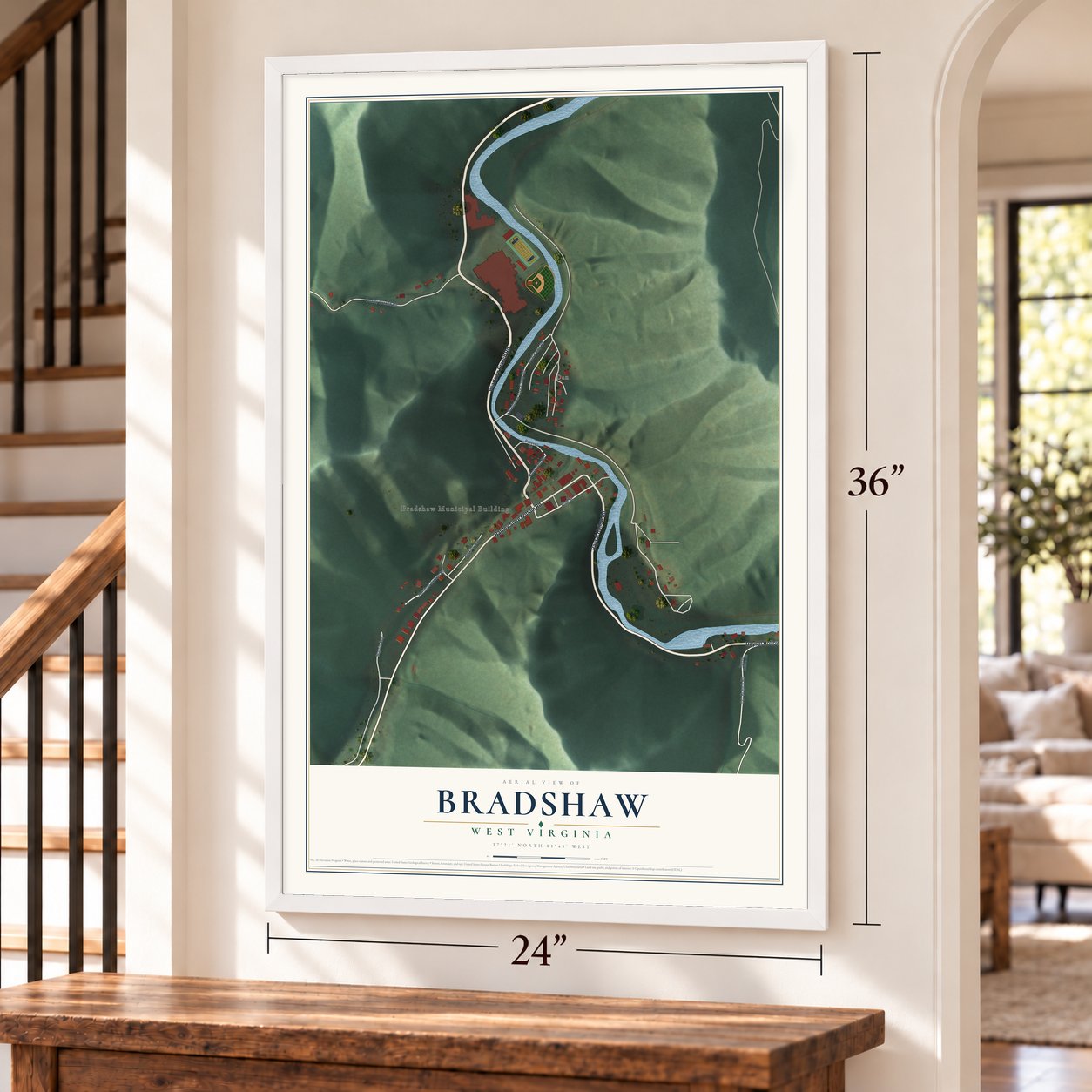 Bradshaw, West Virginia map, 24 x 36 inch print in a white frame by a staircase