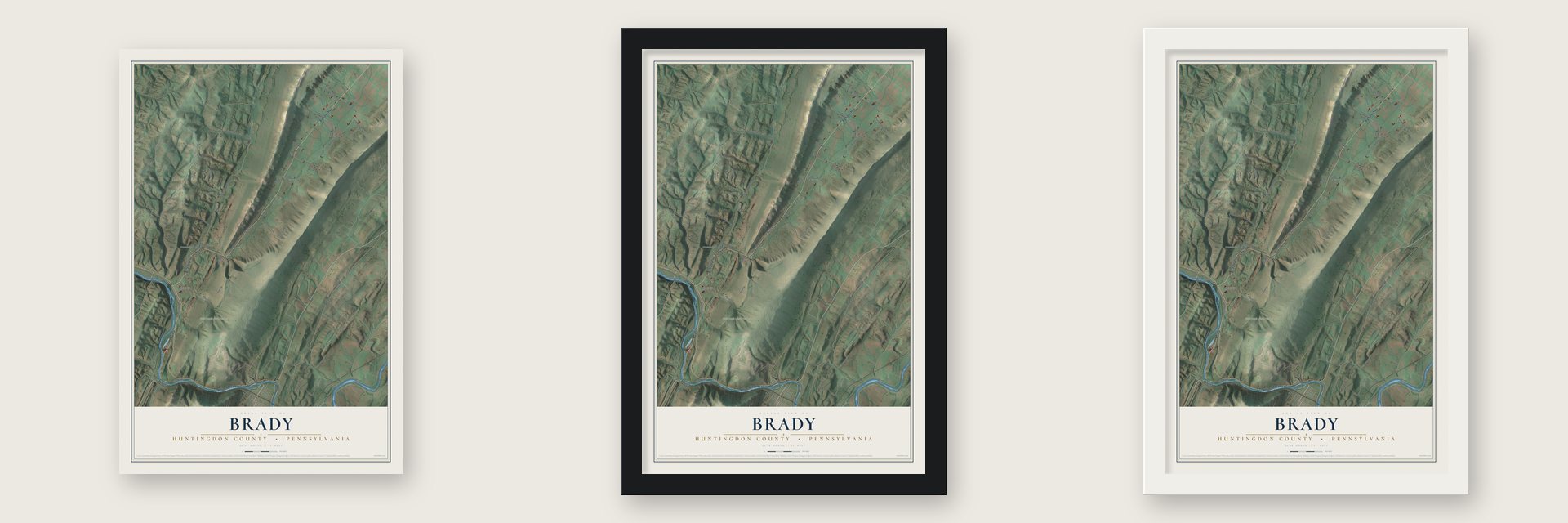Brady, Huntingdon County, Pennsylvania map unframed, in a black wood frame and in a white wood frame